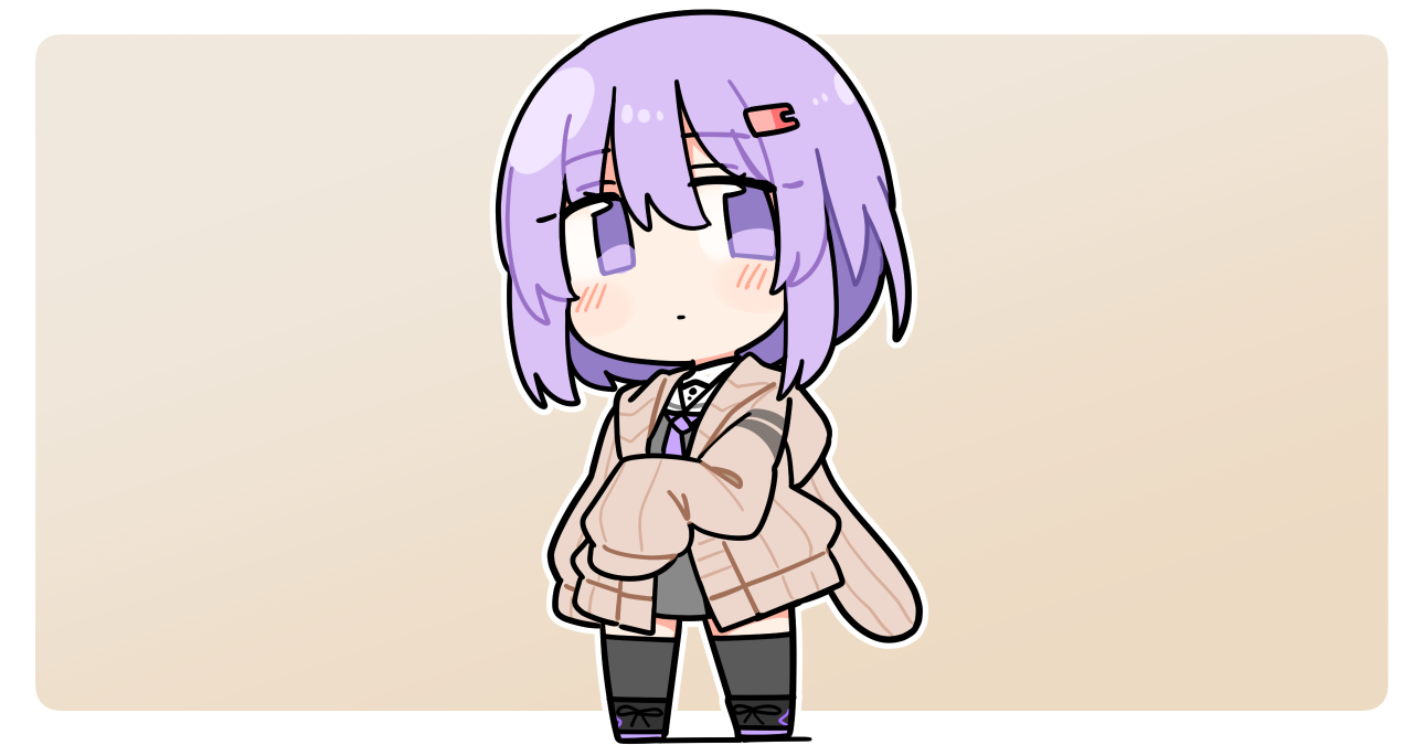 1girl black_shoes blush border brown_background brown_cardigan cardigan chibi chibi_only closed_mouth full_body grey_shirt grey_thighhighs hair_ornament hairclip ini_(inunabe00) long_sleeves looking_at_viewer open_cardigan open_clothes outline outside_border purple_eyes purple_hair shirt shoes short_hair simple_background sleeves_past_fingers sleeves_past_wrists solo standing thighhighs vocaloid voiceroid white_border white_outline yuzuki_yukari yuzuki_yukari_(shizuku)