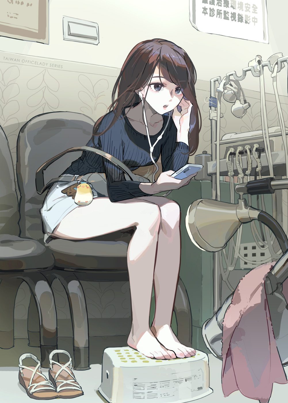 1girl adjusting_earphones bare_legs barefoot black_eyes black_hair black_shirt cellphone chair commentary_request earphones feet full_body grey_shorts highres holding holding_phone indoors leaning_forward legs long_hair long_sleeves office_lady_taiwan on_chair open_mouth original phone revision sandals shirt shorts sitting slippers smartphone solo taiwan tennohi toenails toes unworn_sandals