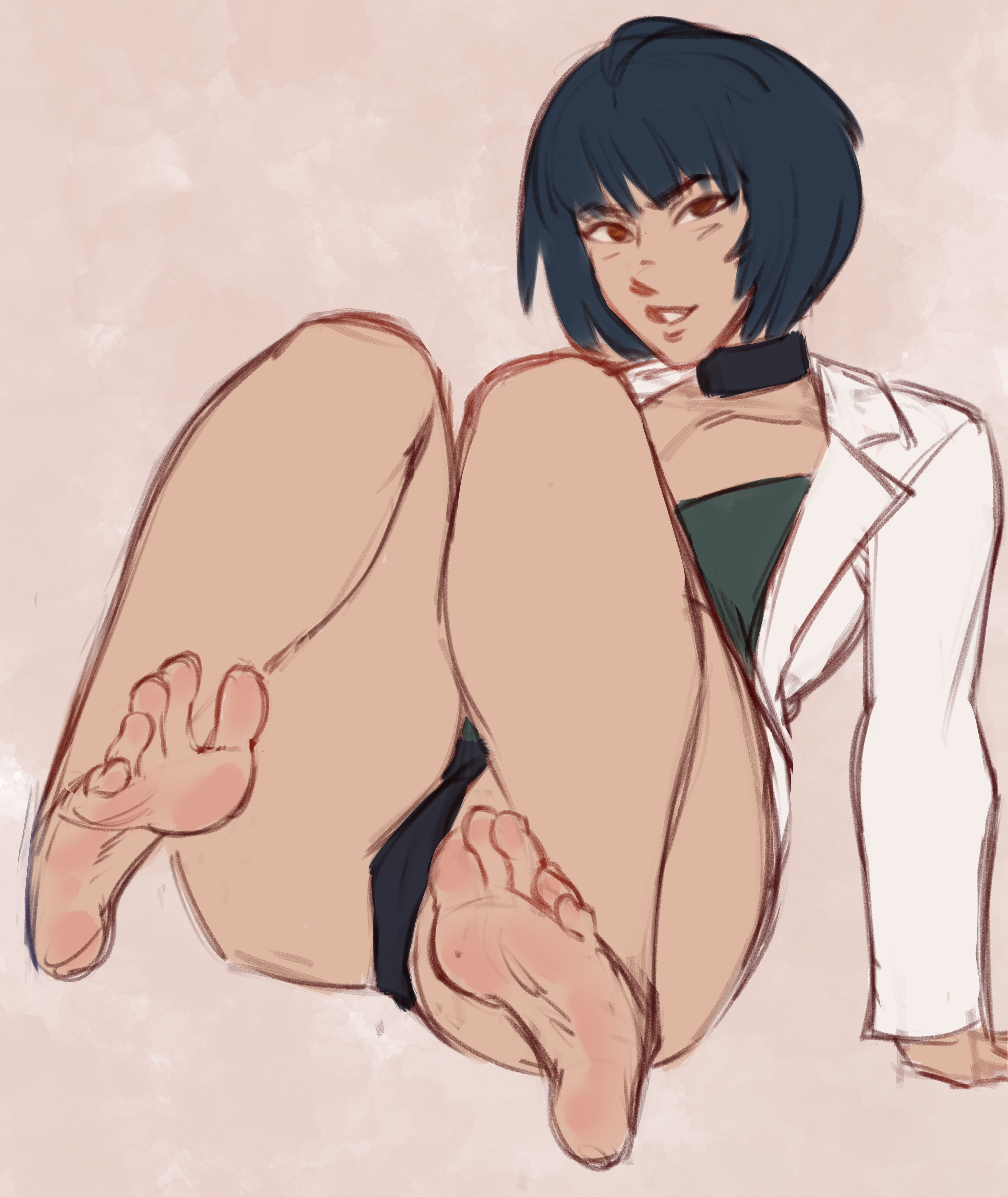 1girl absurdres ankaeverlasting barefoot black_hair brown_eyes feet highres looking_at_viewer medium_hair panties pantyshot parted_lips persona persona_5 soles takemi_tae toes underwear