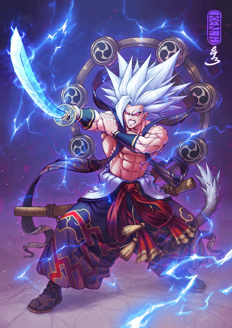 abs alternate_costume angry artist_name black_socks clenched_teeth dragon_ball dragon_ball_super dragon_ball_super_super_hero drum electricity electrokinesis full_body furrowed_brow glowing glowing_sword glowing_weapon gohan_beast guillem_dauden hagoromo hand_on_own_arm holding holding_sword holding_weapon instrument japanese_clothes japanese_mythology lightning lightning_bolt_print long_hair mitsudomoe_(shape) monkey_tail muscular muscular_male pointing_melee_weapon raijin_(mythology) red_eyes red_sash saiyan sandals sash shawl sheath shirt simple_background socks son_gohan spiked_hair stone_floor sword tabi taiko_drum tail tassel teeth tomoe_(symbol) toned toned_male topless_male unworn_shirt waraji weapon white_hair