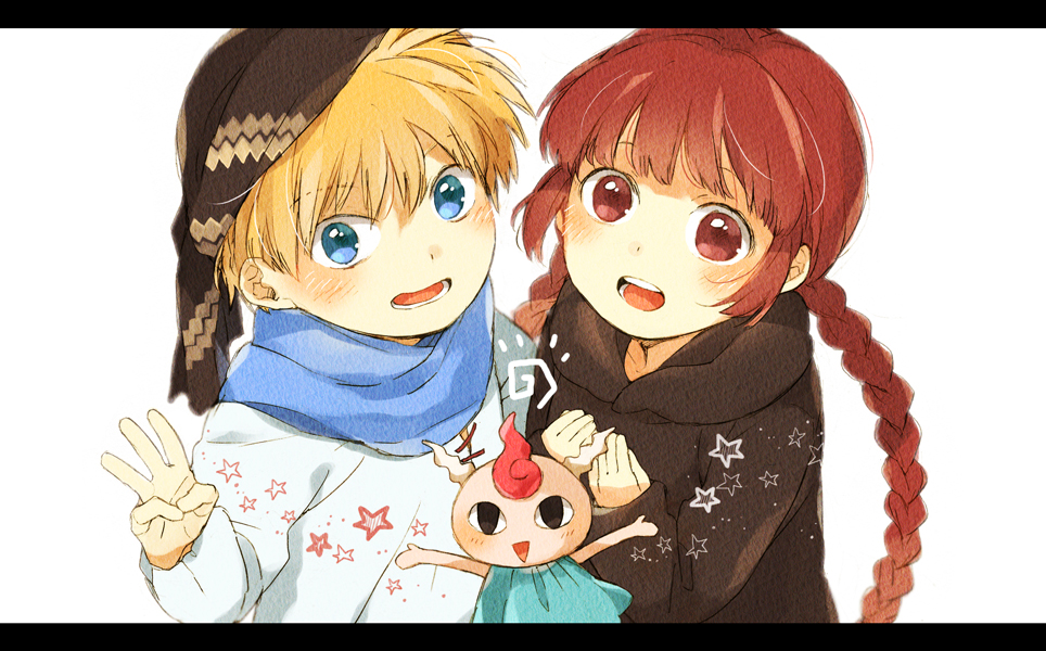 1boy 1girl bandana blonde_hair blue_eyes braid brown_eyes brown_hair gipple hat higashi_eria kukuri_(mahoujin_guruguru) letterboxed long_hair looking_at_viewer low_twintails mahoujin_guruguru nike_(mahoujin_guruguru) open_mouth scarf smile staff twin_braids twintails