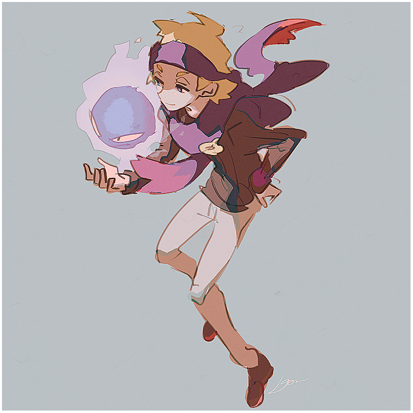 1boy arm_up black_shirt blonde_hair blue_eyes closed_mouth domu_(hamadura) floating_scarf full_body gastly gen_1_pokemon ghost grey_background hand_on_own_hip headband long_sleeves looking_to_the_side male_focus morty_(pokemon) nintendo pants pokemon pokemon_(creature) pokemon_hgss purple_headband purple_scarf scarf shirt short_hair sideways_glance signature simple_background smile solo white_pants