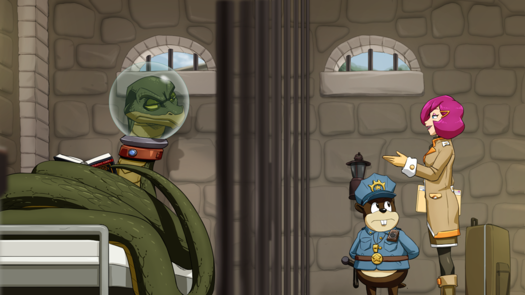 1girl animal_ears beaver_ears book colored_sclera gloves green_sclera indoors joeadok looking_at_another lyric_the_last_ancient on_bed pink_hair police police_uniform prison_cell professor_victoria snake sonic_(series) sonic_boom_(series) yellow_gloves