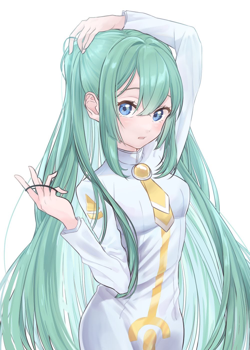1girl alice_carroll aogirism aqua_hair aria_(manga) arm_up blue_eyes blush breasts colored_inner_hair cowboy_shot crossed_bangs dress eyelashes yellow_necktie hair_between_eyes hand_up highres impossible_clothes impossible_dress long_hair long_sleeves looking_at_viewer multicolored_hair open_mouth orange_planet_uniform print_dress sidelocks simple_background small_breasts solo tying_hair very_long_hair white_background