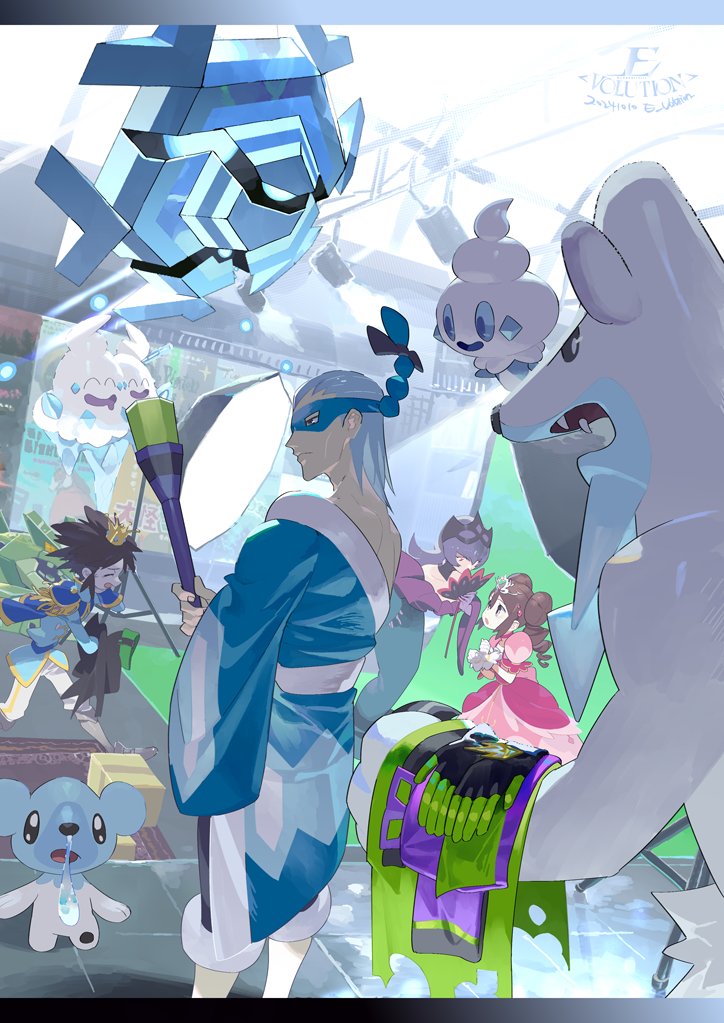 2boys 2girls beartic bellelba_(pokemon) black_pants black_ribbon blue_coat blue_jacket brown_hair brycen_(pokemon) coat crown cryogonal cubchoo double_bun dress e_volution epaulettes eye_mask gen_5_pokemon hair_bun holding jacket medium_hair mini_crown multiple_boys multiple_girls nate_(pokemon) nintendo pants pink_dress pokemon pokemon_(creature) pokemon_bw2 pokestar_studios ribbon rosa_(pokemon) sabrina_(pokemon) short_hair single_sleeve standing vanillite vanilluxe white_pants