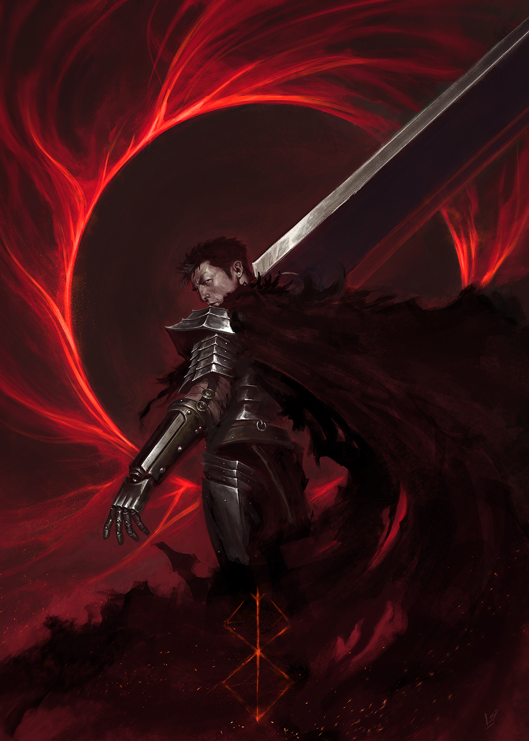 1boy alvarojh_art armor berserk berserker_armor black_armor black_cape black_hair brand_of_sacrifice cape dragonslayer_(sword) eclipse greatsword guts_(berserk) highres holding holding_sword holding_weapon huge_weapon one_eye_closed scar scar_on_face scar_on_nose short_hair solar_eclipse solo sword weapon
