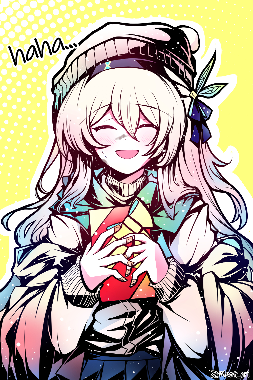 bandaid bandaid_on_finger black_hairband electronduck firefly_(honkai:_star_rail) gift hair_between_eyes hair_ornament hair_ribbon hairband highres honkai:_star_rail honkai_(series) laughing long_sleeves ribbon sweater