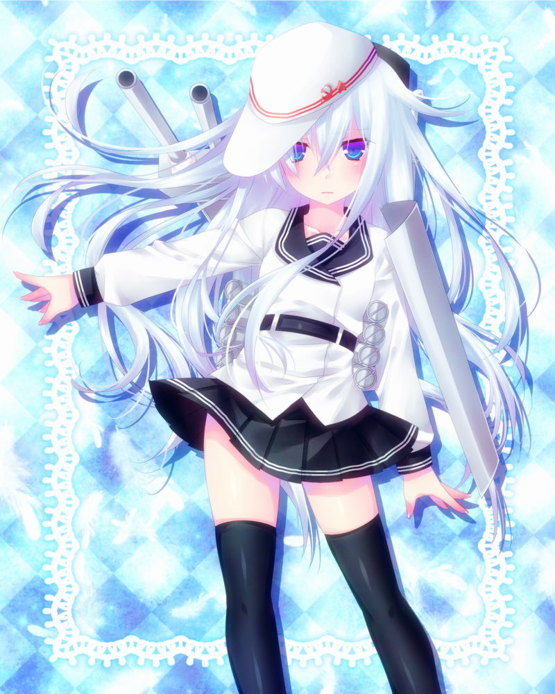 10s 1girl bad_id bad_pixiv_id blue_eyes blue_hair door_to_heaven female_focus hammer_and_sickle hat hibiki_(kancolle) kantai_collection long_hair looking_at_viewer machinery matching_hair/eyes ship_turret solo thighhighs verniy_(kancolle)