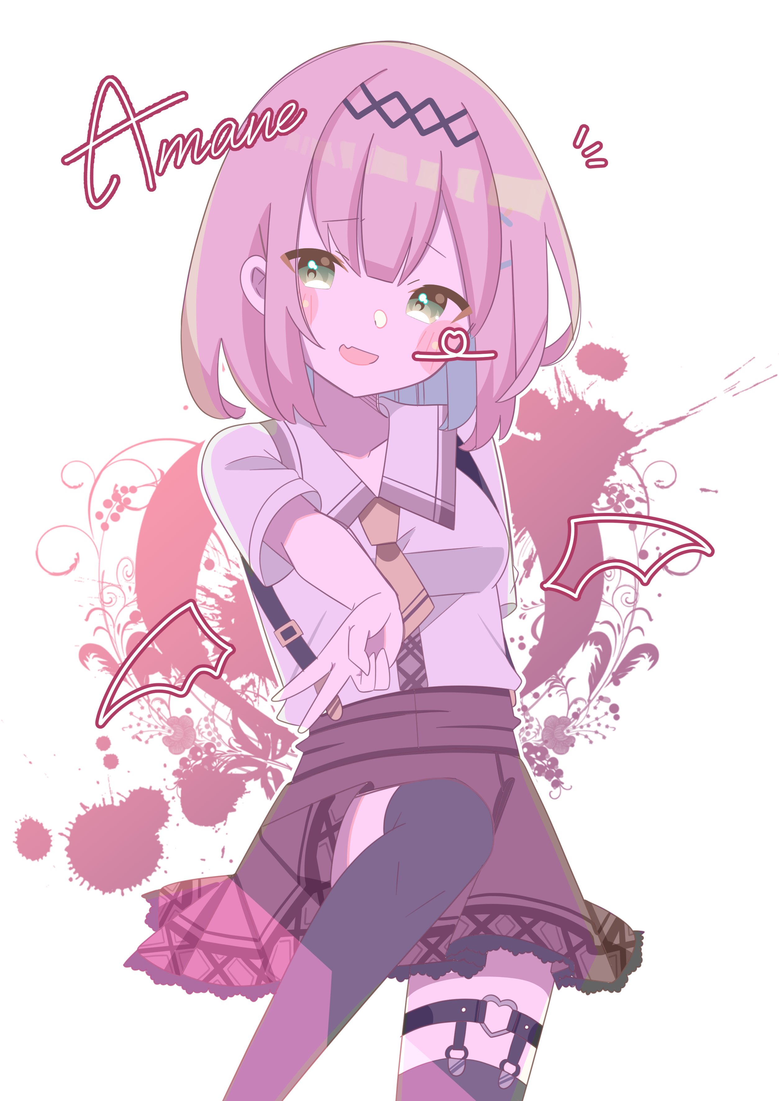 1girl 9ra4ki33 :d absurdres black_hairband black_thighhighs blunt_bangs blush_stickers bob_cut brown_skirt character_name collared_shirt commentary_request fang green_eyes hairband heart heart_o-ring heart_of_string high-waist_skirt highres looking_at_viewer medium_hair mizuka_academy_school_uniform necktie notice_lines o-ring o-ring_thigh_strap open_mouth school_uniform shirt short_necktie short_sleeves skin_fang skirt smile solo straight_hair suspender_skirt suspenders tanikaze_amane tenshi_souzou_re-boot! thigh_strap thighhighs v white_shirt yellow_necktie zettai_ryouiki