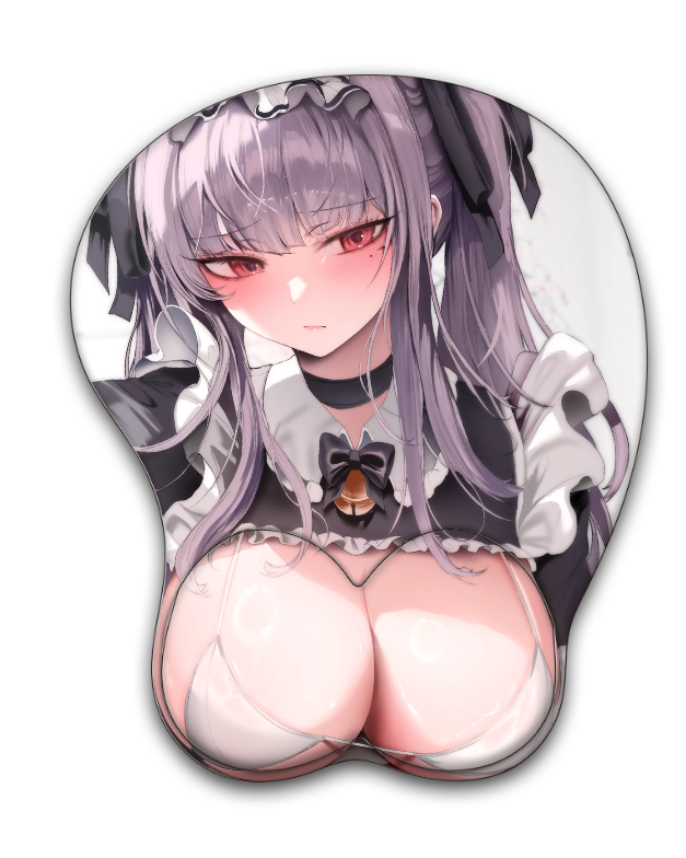 1girl bell black_bow black_bowtie black_choker black_ribbon black_shrug blush bow bowtie bra breasts choker cleavage closed_mouth commentary_request eyes_visible_through_hair hair_ribbon jingle_bell korean_commentary large_breasts long_hair maid mole mole_under_eye mousepad_(medium) neck_bell original purple_hair red_eyes ribbon shrug_(clothing) solo underwear white_bra zerocat zeru_(zerocat)