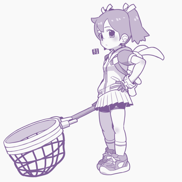 1girl backpack bag bike_shorts bike_shorts_under_skirt blush commentary_request expressionless full_body gloves greyscale hand_net jacket looking_at_viewer mawaru_(mawaru) monochrome net saru_getchu sayaka_(saru_getchu) shoes short_hair simple_background skirt sneakers solo twintails