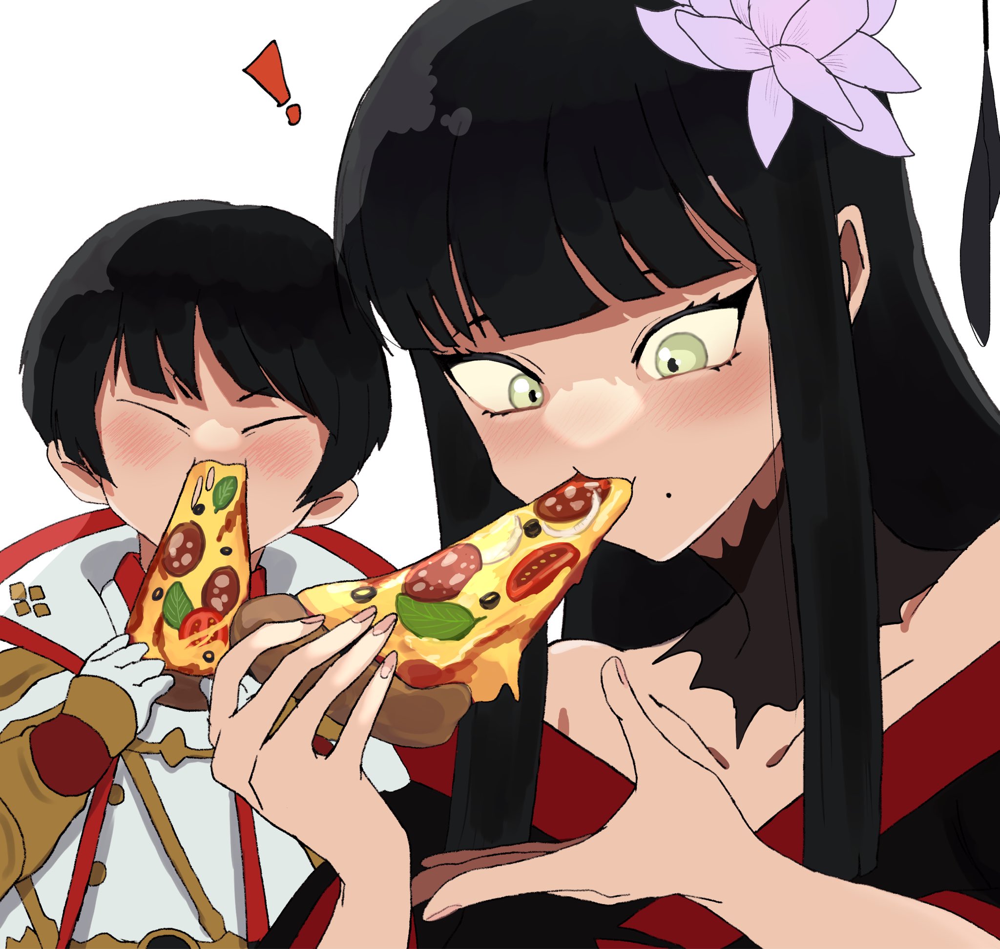 ! 1boy 1girl asahi_sas_brutus black_collar black_hair black_kimono blunt_bangs brother_and_sister closed_eyes collar collarbone commentary eating final_fantasy final_fantasy_xiv flower food food_in_mouth glaa_da gloves green_eyes hair_flower hair_ornament hands_up highres holding holding_food holding_pizza hyur jacket japanese_clothes kimono lace_collar long_hair mole mole_under_mouth off_shoulder pizza pizza_slice portrait short_hair siblings sidelocks simple_background straight_hair symbol-only_commentary white_background white_gloves white_jacket wide-eyed yotsuyu_goe_brutus