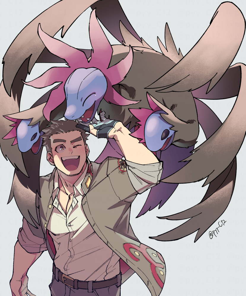 1boy arm_up belt brown_hair collarbone crossover gen_5_pokemon grey_background grey_jacket hydreigon jacket kan_(pyy_c12) male_focus nintendo one_eye_closed open_mouth pectoral_cleavage pectorals pokemon pokemon_(creature) protagonist_3_(housamo) shirt simple_background tokyo_houkago_summoners twitter_username v-shaped_eyebrows white_shirt