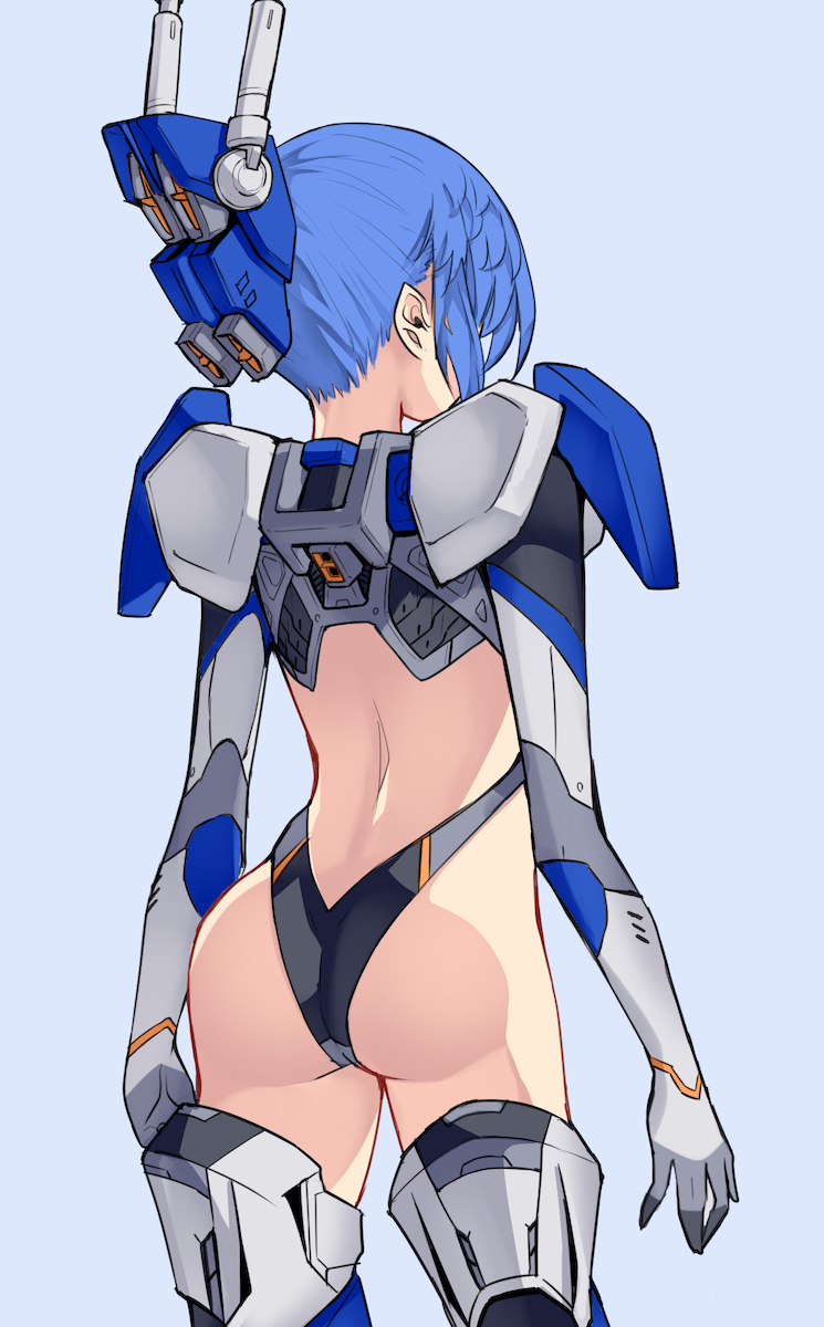 1girl ass back_cutout black_leotard blue_background blue_hair boots clothing_cutout duel_gundam from_behind gloves grey_gloves gundam gundam_seed hair_behind_ear highres i.takashi leotard mecha_musume armored_boots open_hand personification solo thigh_boots thighhighs