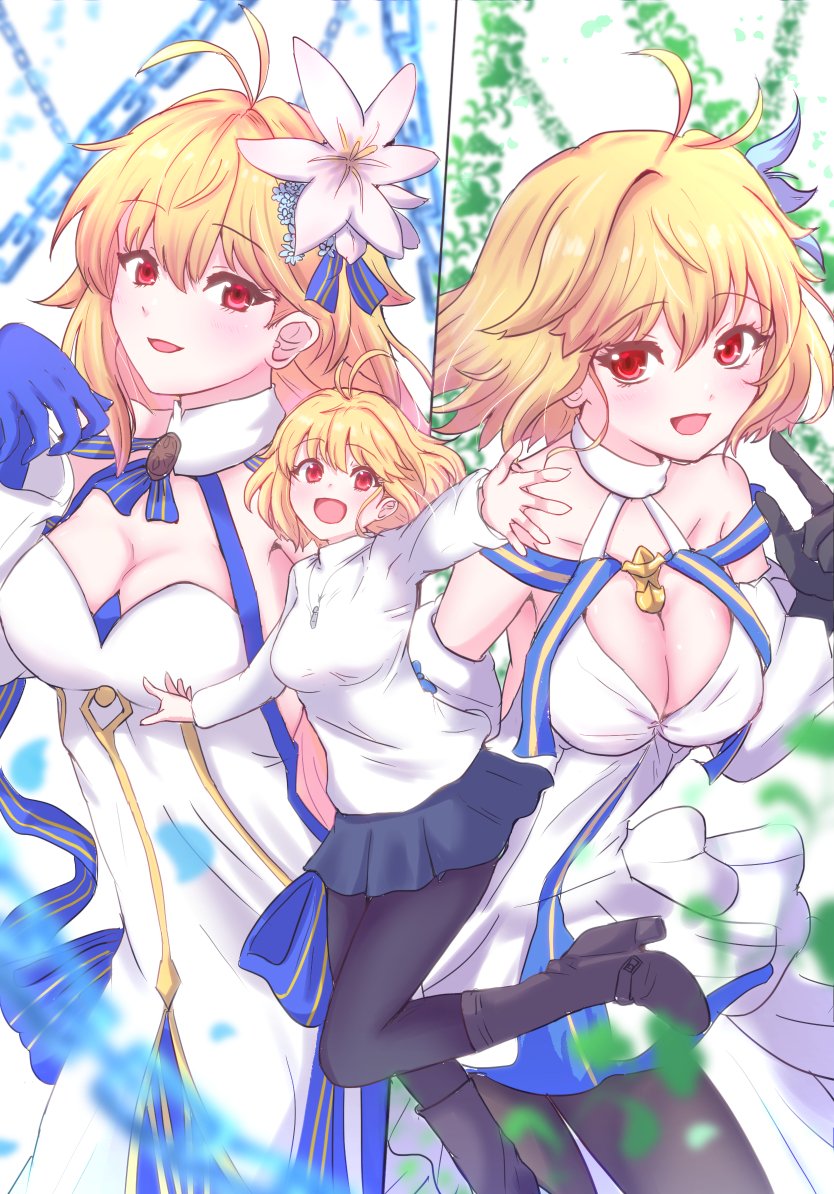 3girls ahoge archetype_earth archetype_earth_(third_ascension) arcueid_brunestud arcueid_brunestud_(mooncancer) bare_shoulders black_gloves black_pantyhose blonde_hair blue_gloves blue_ribbon blush boots breasts chain cleavage dress dual_persona fate/grand_order fate_(series) giorgio_(yo_sumire_sola1) gloves gold_trim hair_ornament jewelry large_breasts long_hair multiple_girls necklace pantyhose plant reaching reaching_towards_viewer ribbon short_hair sweater tsukihime tsukihime_(remake) turtleneck turtleneck_sweater very_long_hair vines white_dress