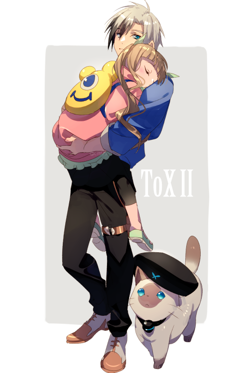 1boy 1girl backpack bag black_hair brown_hair cat closed_mouth echo_(circa) elle_mel_martha full_body long_hair ludger_will_kresnik multicolored_hair pants short_hair sleeping tales_of_(series) tales_of_xillia tales_of_xillia_2 twintails two-tone_hair white_background white_hair