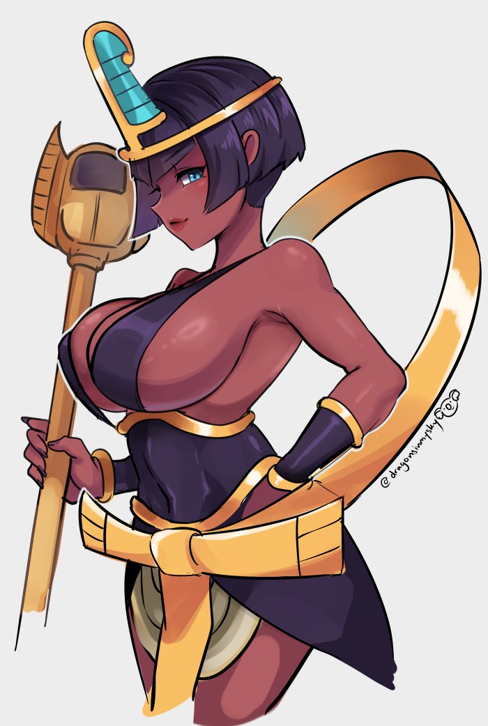1girl black_hair blue_eyes bob_cut breasts cowboy_shot cropped_legs d-ryuu dark-skinned_female dark_skin eliza_(skullgirls) fingernails from_side grey_background holding holding_microphone_stand large_breasts lips long_fingernails looking_at_viewer microphone microphone_stand red_lips sagging_breasts short_hair sideboob skullgirls smile solo tiara vambraces