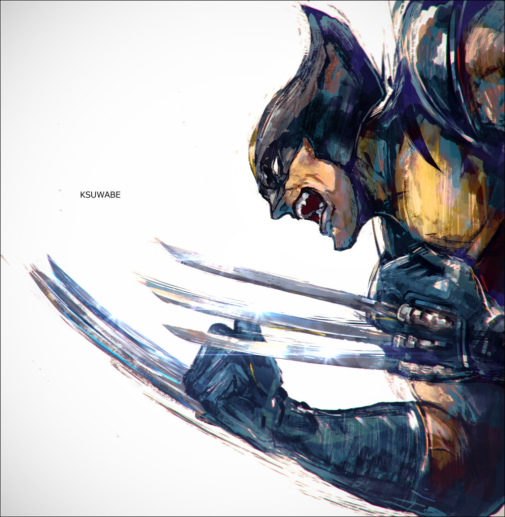 1boy artist_name bodysuit claws commentary_request dynamic_pose k-suwabe male_focus marvel muscular muscular_male open_mouth simple_background solo spiked_mask superhero_costume teeth two-tone_bodysuit white_background wolverine_(x-men) x-men yellow_bodysuit