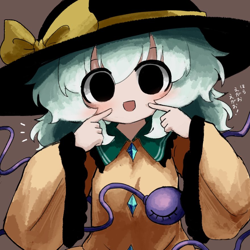 1girl black_eyes black_hat blush brown_background buttons diamond_button eyeball frilled_shirt_collar frilled_sleeves frills green_hair hat hat_ribbon heripantomorrow index_finger_raised komeiji_koishi looking_at_viewer pointing pointing_at_self ribbon shirt smile solid_circle_eyes solo third_eye touhou wide_sleeves yellow_ribbon yellow_shirt