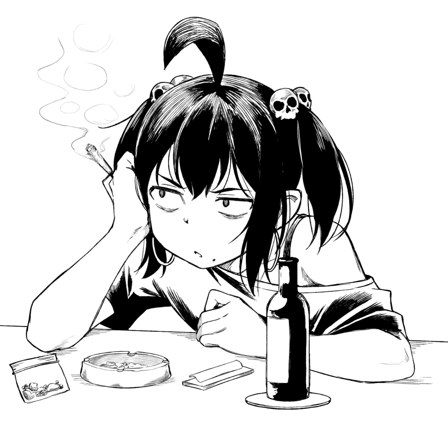 1girl ahoge ashtray bags_under_eyes beer_bottle black_moon_prophecy bra_strap cigarette commentary english_commentary geewhy greyscale hair_ornament holding holding_cigarette levi_(black_moon_prophecy) mole mole_under_mouth monochrome off-shoulder_shirt off_shoulder original shirt skull_hair_ornament smoke solo twintails