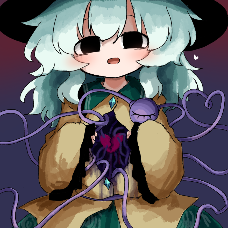 1girl black_eyes black_hat broken_heart buttons commentary_request cowboy_shot diamond_button eyeball floral_print frilled_shirt_collar frilled_sleeves frills green_hair green_skirt hat hat_ribbon heart heart_of_string heripantomorrow komeiji_koishi long_sleeves looking_at_viewer medium_hair open_clothes open_mouth open_shirt ribbon rose_print shirt skirt sleeves_past_wrists smile solo third_eye touhou wide_sleeves yellow_ribbon yellow_shirt