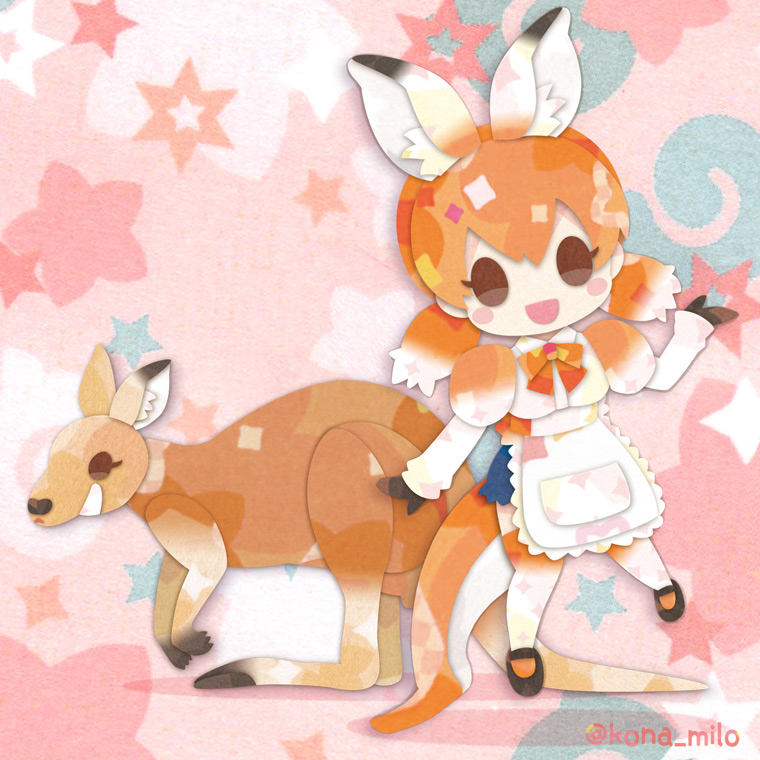 1girl animal animal_ears apron bow bowtie brown_hair extra_ears gloves japari_symbol kangaroo kangaroo_ears kangaroo_girl kangaroo_tail kemono_friends kikuchi_milo long_hair looking_at_viewer pink_background red_kangaroo_(kemono_friends) shirt shoes shorts simple_background tail thighhighs twintails