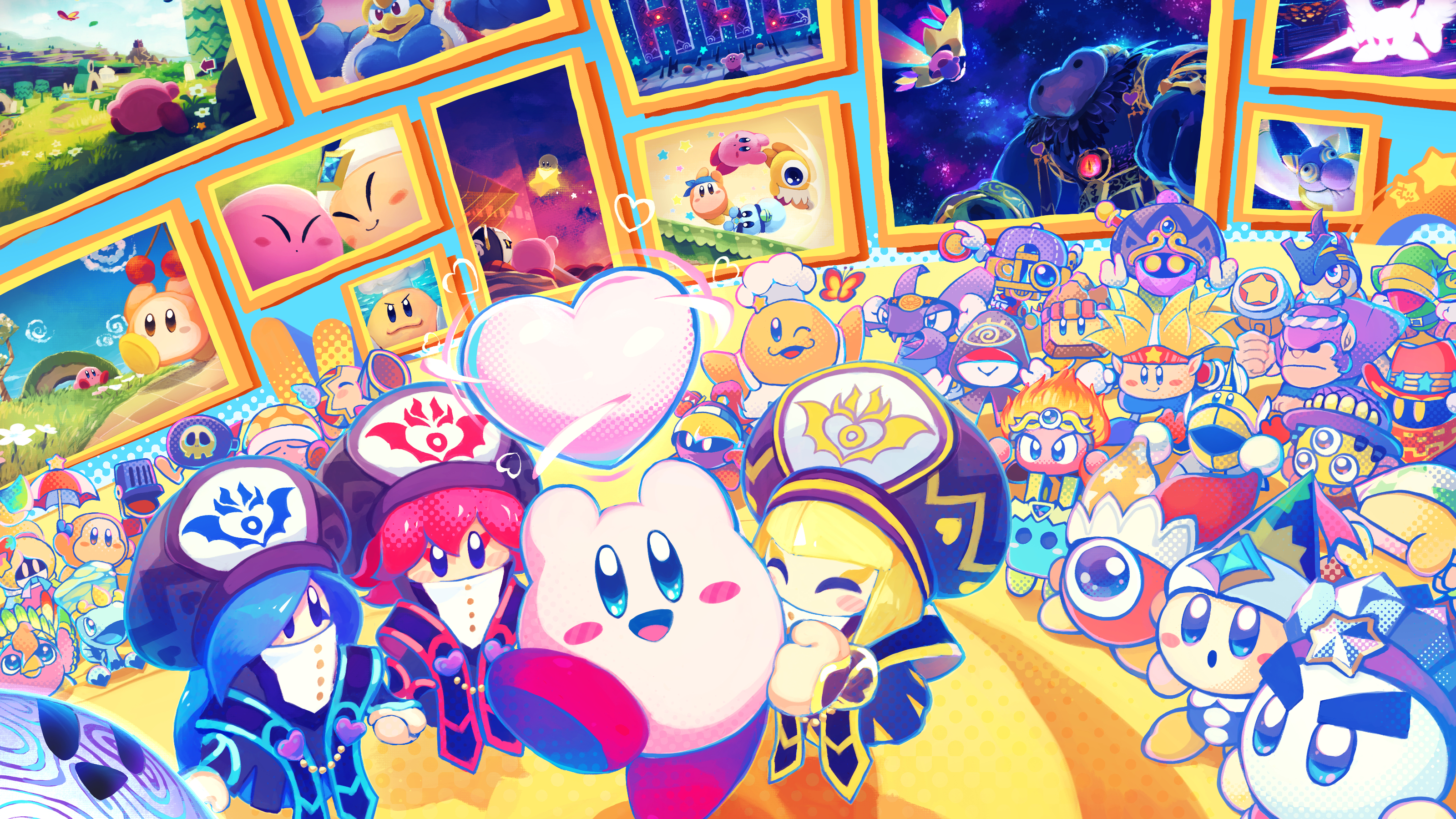 absurdres bandana_waddle_dee beetley bio_spark birdon_(kirby) blade_knight blonde_hair blue_hair bomber_(kirby) bonkers broom_hatter bug bugzzy burning_leo butterfly character_request chef_kawasaki chilly_(kirby) closed_eyes como_(kirby) creature driblee dyna_blade everyone festival_bird flamberge_(kirby) francisca_(kirby) galacta_knight gim_(kirby) hammer happy heart highres hyness insect jammerjab kirby kirby:_star_allies kirby_(series) knuckle_joe looking_at_viewer monster morpho_knight nesp nintendo noddy_(kirby) one-eyed open_mouth plugg_(kirby) poppy_bros_jr rayman_limbs red_hair rocky_(kirby) shadow_kirby sir_kibble smile suyasuyabi tongue vividria void_(kirby) void_soul void_termina waddle_dee waddle_doo warp_star weapon wester zan_partizanne