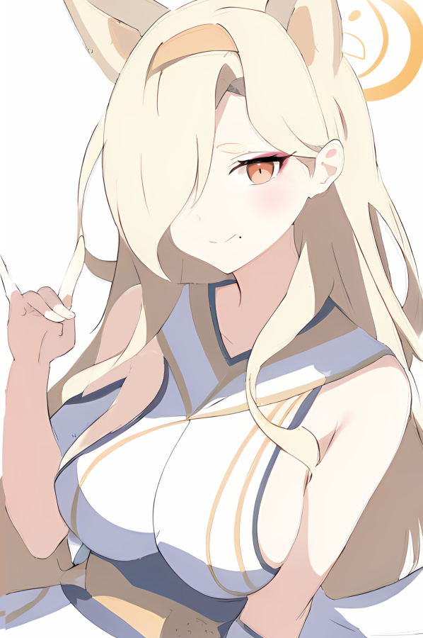 1girl animal_ears bare_shoulders blonde_hair blue_archive breasts closed_mouth commentary fox_shadow_puppet hair_behind_ear hair_over_one_eye hairband halo hand_up kaho_(blue_archive) large_breasts long_hair looking_at_viewer mole mole_under_mouth one_eye_covered orange_eyes orange_hairband orange_halo raifu_(rf) shirt sideboob simple_background sleeveless sleeveless_shirt smile solo split_mouth unfinished white_background white_shirt