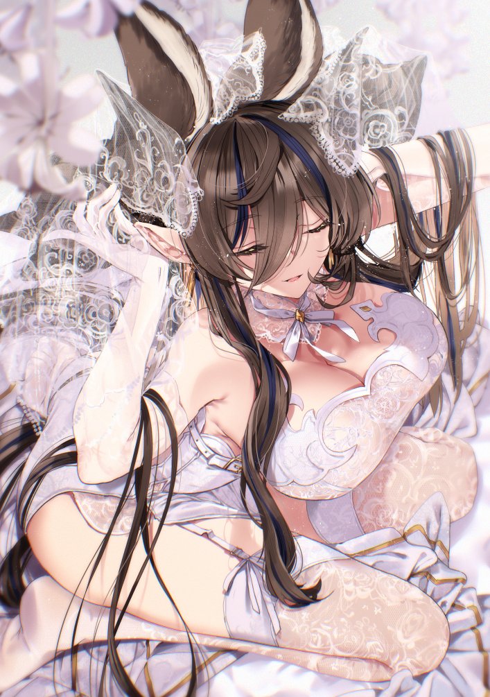 1girl 218 animal_ears bare_shoulders blue_hair breasts bridal_veil bride brown_hair cleavage closed_eyes dress extra_ears galleon_(granblue_fantasy) granblue_fantasy hair_between_eyes horns large_breasts long_hair multicolored_hair pointy_ears see-through_clothes see-through_dress see-through_legwear smile solo strapless strapless_dress streaked_hair veil very_long_hair wedding_dress white_dress
