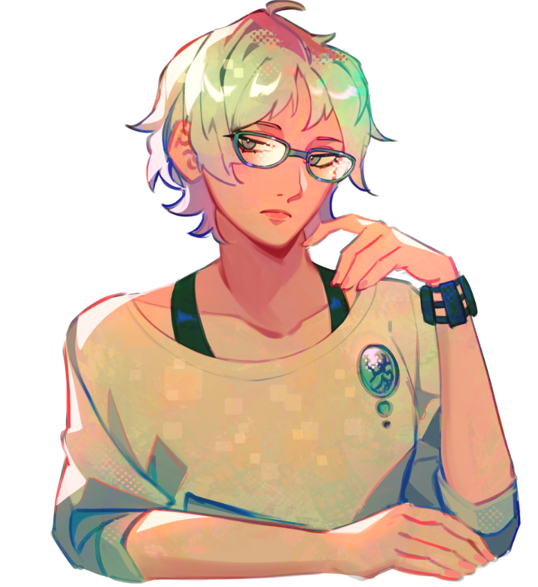 1girl blue-framed_eyewear brooch closed_mouth commentary crocrubies english_commentary eyelashes glasses jewelry kyokugen_dasshutsu phi_(kyokugen_dasshutsu) shirt short_hair short_sleeves simple_background solo watch white_background white_hair white_shirt wristwatch zero_escape:_toki_no_dilemma