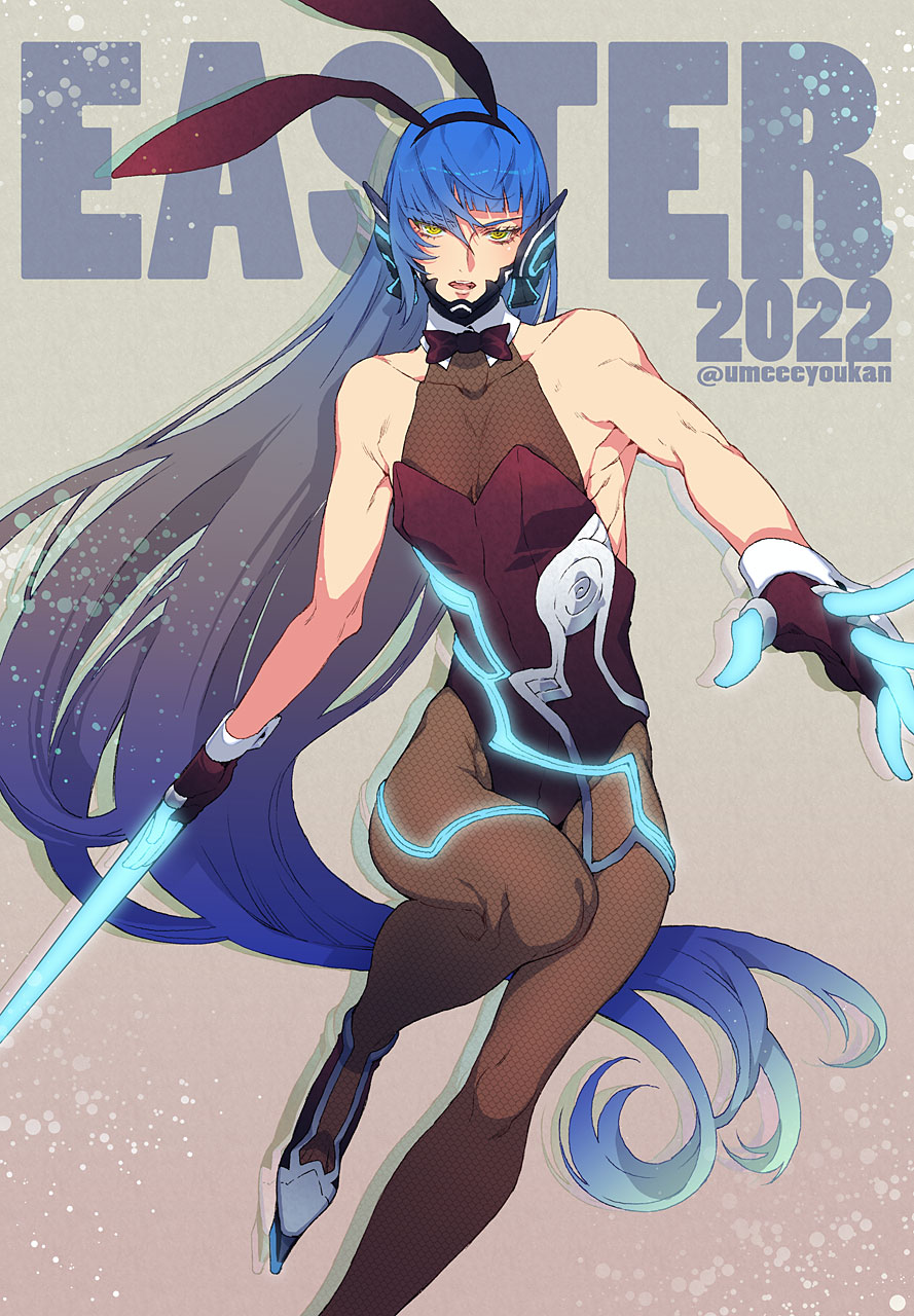 1boy androgynous animal_ears asymmetrical_hair bad_id bad_twitter_id blue_hair bodystocking bow bowtie brown_background collar collarbone crossdressing dated easter energy_sword english_text eyelashes fake_animal_ears fishnet_bodystocking fishnets foot_out_of_frame gloves glowing gradient_background gradient_hair grey_background hairband highleg highleg_leotard highres legs leotard long_hair male_playboy_bunny multicolored_hair open_hand protagonist_(smtv) rabbit_ears shin_megami_tensei shin_megami_tensei_v single_sidelock sleeve_cuffs sleeveless sword teeth twitter_username umeeeyoukan upper_teeth_only very_long_hair weapon yellow_eyes