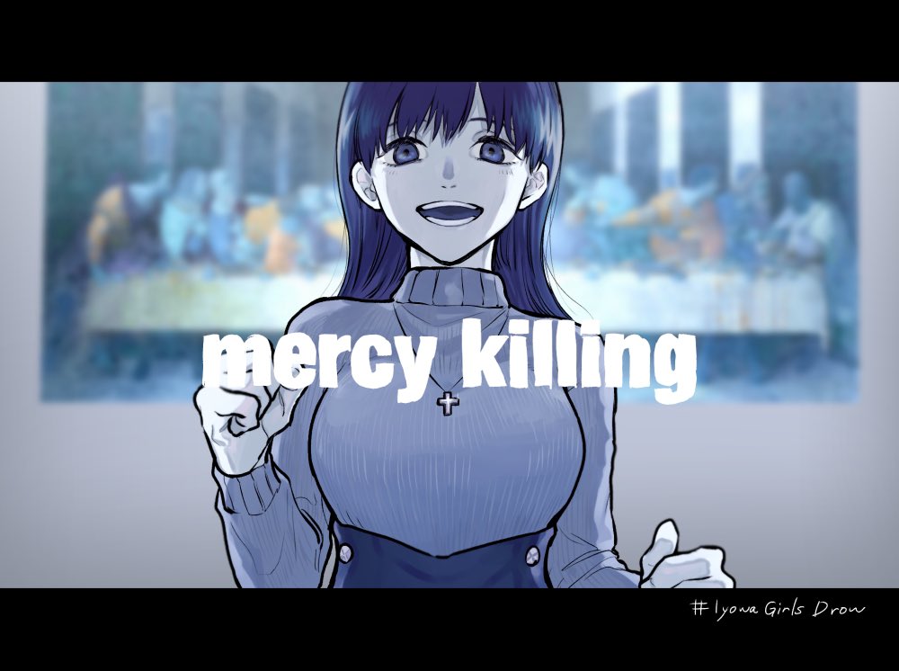 1girl backlighting blue_eyes blue_hair blurry blurry_background breasts bukiyama clenched_hands commentary cross cross_necklace english_text fine_art_parody hand_up hashtag jewelry large_breasts long_hair long_sleeves looking_at_viewer mercy_killing_(vocaloid) necklace open_mouth painting_(object) parody ribbed_sweater smile solo song_name straight-on sweater sweater_tucked_in the_last_supper turtleneck turtleneck_sweater underbust upper_body vocaloid
