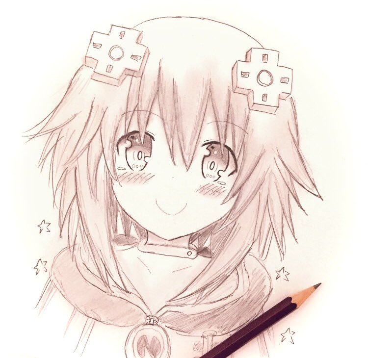 1girl art_tools_in_frame choker colored_pencil_(medium) commentary_request d-pad d-pad_hair_ornament dj_unlock hair_ornament hood hoodie jewelry neck_ring neptune_(neptunia) neptune_(series) pencil short_hair sidelocks smile solo star_(symbol) traditional_media