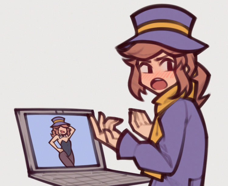 1girl a_hat_in_time aged_up bare_shoulders black_leotard black_pantyhose blush brown_eyes brown_hair coat computer cowboy_shot detached_collar egosearching embarrassed fujimna hand_in_own_hair hand_on_own_hip hat hat_kid laptop leotard long_sleeves looking_back medium_hair multiple_views open_mouth pantyhose ponytail purple_coat purple_hat scarf simple_background smile upper_body yellow_scarf