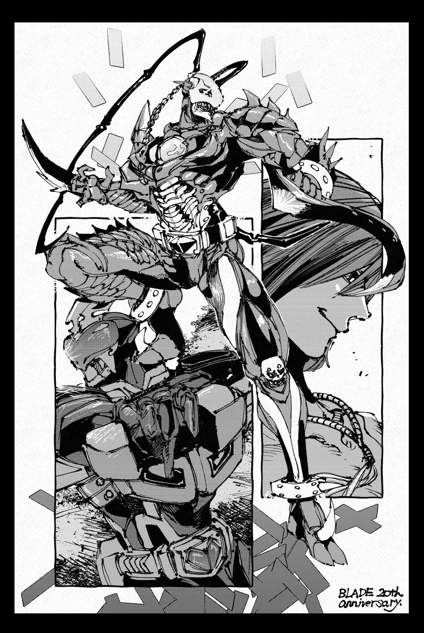 3boys aikawa_hajime anniversary antennae greyscale highres human_undead ichitaka_(1015ichitaka) jewelry joker_(blade) kamen_rider kamen_rider_blade_(series) kamen_rider_chalice monochrome monster multiple_boys necklace sharp_teeth smile spikes teeth tokusatsu