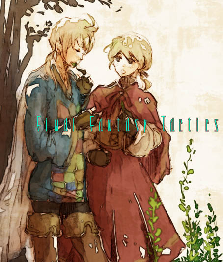 1boy 1girl ahoge alma_beoulve blonde_hair blue_shirt boots brown_gloves capelet cloak cloud copyright_name final_fantasy final_fantasy_tactics fingerless_gloves gloves kei_(kekkei) long_sleeves open_mouth ovelia_atkascha plant ramza_beoulve shirt short_hair siblings standing talking thigh_boots thighhighs