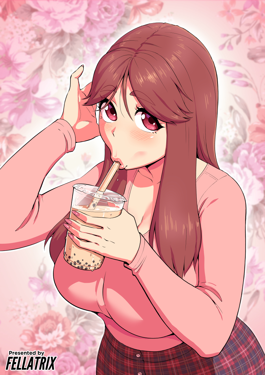 1girl artist_name breasts brown_eyes brown_hair bubble_tea cup disposable_cup drinking_straw english_text fellatrix floral_background highres holding holding_cup huge_breasts long_hair looking_at_viewer original pink_nails pink_shirt plaid_clothes plaid_skirt red_skirt shirt skirt solo