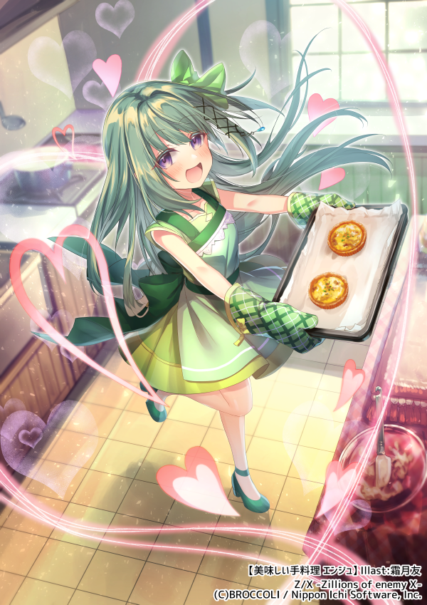 1girl :d ankle_strap apron baking baking_sheet blush bow cooking_pot copyright_notice counter dress food full_body green_apron green_bow green_dress green_footwear green_hair hair_bow heart high_heels holding holding_tray kitchen ladle looking_at_viewer mixing_bowl official_art one_side_up open_mouth ori_simo oven_mitts purple_eyes quiche short_sleeves smile solo spatula standing standing_on_one_leg tile_floor tiles tray window wispy_bangs z/x