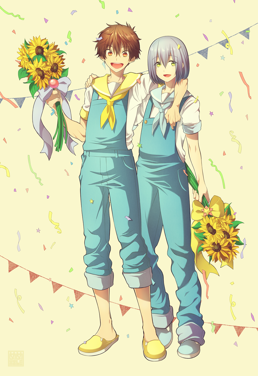 10s 2boys brown_eyes brown_hair confetti free! full_body green_eyes grey_hair high_speed! highres kirishima_natsuya male_focus memeo_(candy_house) multiple_boys open_mouth overalls sailor_collar serizawa_nao smile