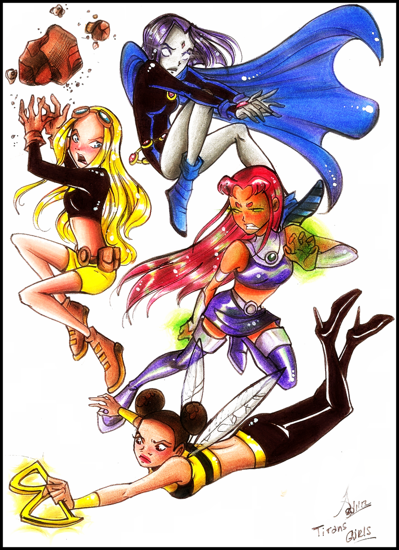 4girls alien bee_costume black_hair blonde_hair blue_eyes boots brown_eyes bumble_bee cape cartoon_network cloak dark-skinned_female dark_skin dc_comics double_bun flying forehead_jewel gloves glowing glowing_eyes goggles goggles_on_head green_eyes hair_bun high_heels hood insect_wings karen_beecher leotard long_hair long_sleeves midriff multiple_girls pants purple_hair raven_(dc) red_hair rock shirt short_hair shorts sleeveless solid_eyes starfire striped_clothes striped_shirt teen_titans terra_(dc) thigh_boots thighhighs vambraces wings