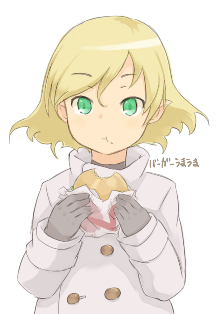 1boy :t blonde_hair burger coat eating food gloves green_eyes long_hair lugh_beowulf mahou_tsukai_no_yoru male_focus pointy_ears simple_background trap white_background