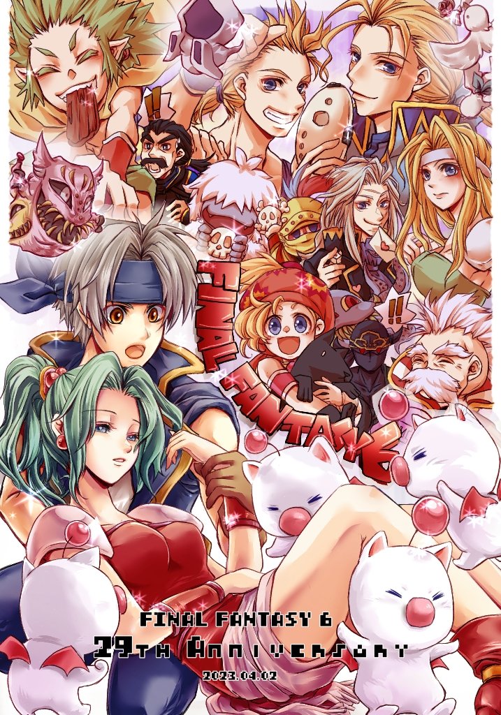 3girls 6+boys armor asymmetrical_hair ayana_(iqaw5cfohvdtver) bird black_hair black_jacket blonde_hair blue_eyes blue_headband blue_jacket boots breasts brothers brown_eyes brown_gloves cape celes_chere closed_eyes colored_eyelashes cyan_garamonde dated dove dress earrings edgar_roni_figaro envelope facial_hair final_fantasy final_fantasy_vi gau gloves gold_trim green_hair green_leotard grey_hair grin hair_bobbles hair_ornament half-closed_eyes headband headscarf holding holding_another&#039;s_wrist holding_envelope holding_skull interceptor_(ff6) jacket jewelry leotard locke_cole long_hair low_ponytail mask medium_breasts monster moogle mouth_mask multiple_boys multiple_girls mustache ninja ninja_mask old old_man open_mouth parted_bangs parted_lips pointy_ears ponytail red_dress red_footwear relm_arrowny sabin_rene_figaro sash scar scar_on_face scar_on_forehead setzer_gabbiani shadow_(ff6) sharp_teeth short_hair shoulder_armor siblings sidecut skull sleeves_rolled_up smile strago_magus strapless strapless_dress sweatdrop teeth tina_branford tube_dress umaro undercut waist_sash yellow_cape yeti_(creature)