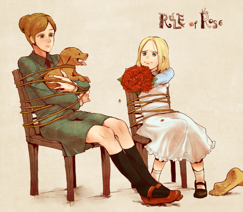 1boy 2girls animal animal_ears barefoot black_footwear black_socks blonde_hair bound bouquet brown_(rule_of_rose) brown_footwear brown_fur brown_hair commentary_request copyright_name corpse dog dog_ears dog_nose dress floppy_ears flower green_dress holding holding_animal holding_bouquet jennifer_(rule_of_rose) looking_at_another multiple_girls on_chair on_floor puppy red_flower red_rose rose rule_of_rose shirt socks t_k_g tongue tongue_out wendy_(rule_of_rose) white_dress white_shirt white_socks