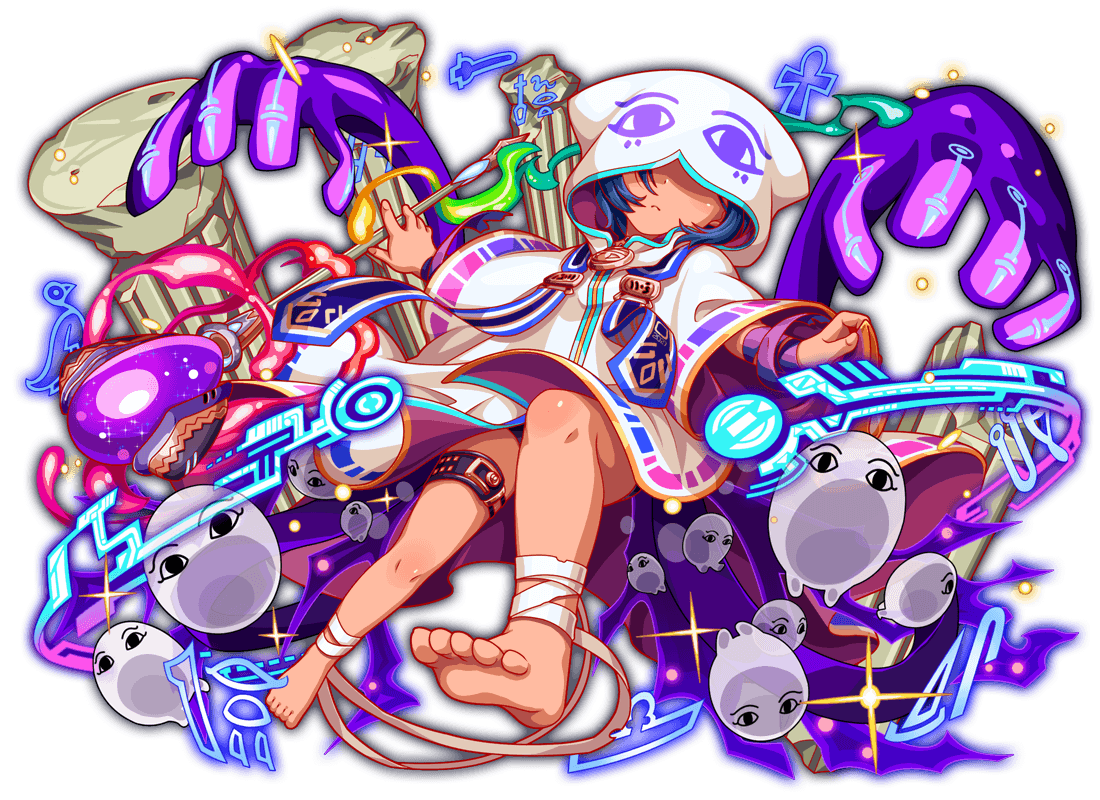 1girl 6+others animal_ear_hood anime_coloring ankle_wrap artificial_intelligence artist_request bandaged_ankle bare_legs barefoot belt belt_buckle black_belt black_eyes blue_hair buckle cloak closed_mouth covered_eyes crash_fever eye_print fake_animal_ears fingernails foreshortening frown full_body game_cg gold_buckle hood hood_up hooded_cloak leg_belt legs_apart light_particles long_hair medium_hair medjed_(crash_fever) medjed_(mythology) mini_medjed multiple_others no_eyes number_print numbered official_art outline pillar print_hood red_outline shaded_face soles solo_focus sparkle square square_print staff tachi-e third-party_source toes transparent_background two-sided_cloak two-sided_fabric two-sided_hood white_cloak white_hood white_sleeves