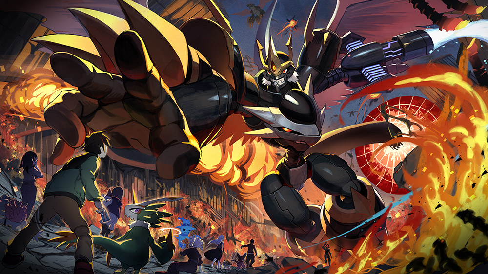 belt blue_fire cannon close_(digimon) destruction digimon digimon_(creature) digimon_card_game digimon_liberator dragon elizamon fire flying ghostmon hat imperialdramon imperialdramon_dragon_mode_(black) imperialdramon_fighter_mode_(black) jacket kazama_shoto kinosaki_arisa looking_at_another looking_at_viewer mask official_art open_hand owen_dreadnought pteromon red_eyes sangomon shoemon sunarizamon tail violet_inboots wings yao_qinglan