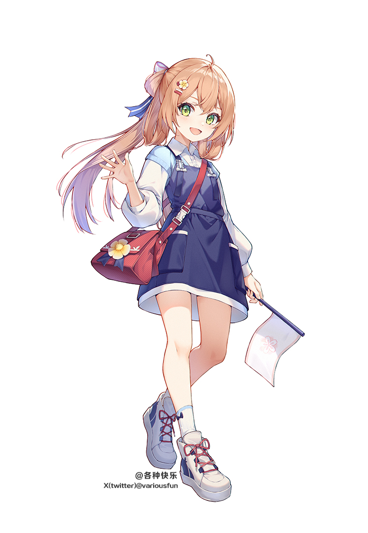 1girl aged_down ahoge bag blue_dress brown_hair collared_shirt commission crossed_bangs double-parted_bangs dress flag flower ge_zhong_kuaile girls&#039;_frontline green_eyes hair_between_eyes hair_flower hair_ornament hair_ribbon hairpin handbag holding holding_flag long_hair long_sleeves looking_at_viewer multiple_hairpins open_mouth pixiv_commission pixiv_username ribbon shirt shoes simple_background smile socks solo springfield_(girls&#039;_frontline) twitter_username walking waving white_background white_flag white_shirt white_shoes white_socks