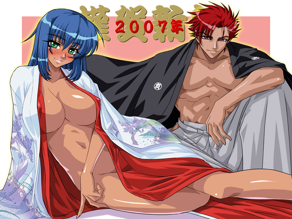 00s 1boy 1girl 2007 aki_(emina&amp;aki) blue_hair blush breasts couple covered_erect_nipples dark-skinned_female dark-skinned_male dark_skin dated emina&amp;aki emina_(emina&amp;aki) green_eyes groin head_tilt huge_breasts japanese_clothes kagami_hirotaka kimono light_smile lipstick long_hair looking_at_viewer makeup naked_kimono navel new_year no_bra no_panties nude open_clothes open_kimono open_robe original outline pectorals pink_background pink_lips reclining red_eyes red_hair robe shadow shiny_skin short_hair sitting smile spiked_hair tan