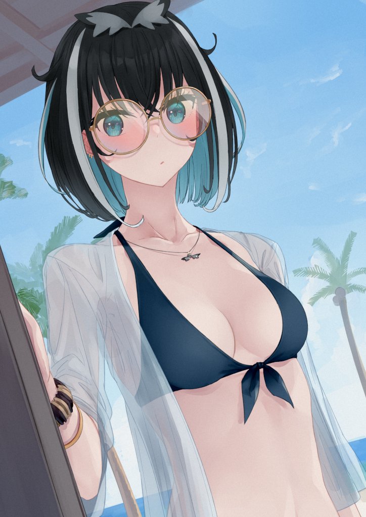 1girl animare atsushima bikini black_hair blue_eyes blue_hair blue_sky bracelet closed_mouth crossed_bangs day dutch_angle expressionless front-tie_bikini_top front-tie_top glasses grey_bikini jewelry looking_at_viewer multicolored_hair nanashi_inc. necklace open_clothes open_shirt oura_rukako outdoors palm_tree pink-tinted_eyewear round_eyewear see-through_clothes see-through_shirt shirt short_hair sky solo streaked_hair swimsuit tinted_eyewear tree upper_body virtual_youtuber white_hair white_shirt yellow-framed_eyewear