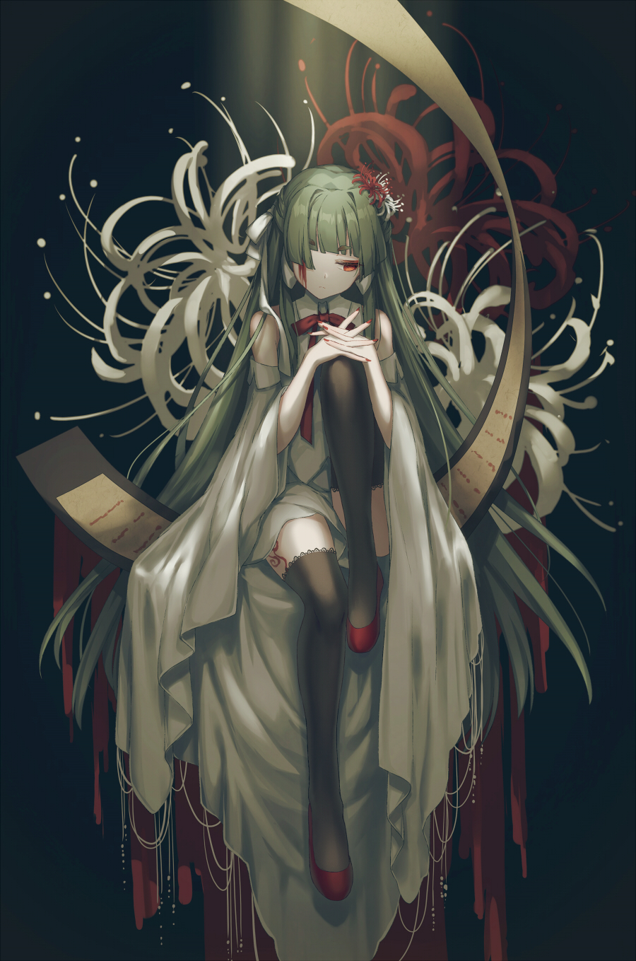 1girl akinomiya_asuka black_thighhighs blood blood_on_face blunt_bangs closed_mouth collared_dress commentary_request detached_sleeves dress flower green_hair hair_flower hair_ornament highres interlocked_fingers lace lace-trimmed_thighhighs lace_trim long_hair mystical_power_plant neck_ribbon orange_eyes original red_flower red_nails red_ribbon red_shoes ribbon shoes short_dress sitting solo spider_lily suitokuin_tenmu thighhighs touhou very_long_hair white_dress white_flower white_sleeves white_spider_lily wide_sleeves