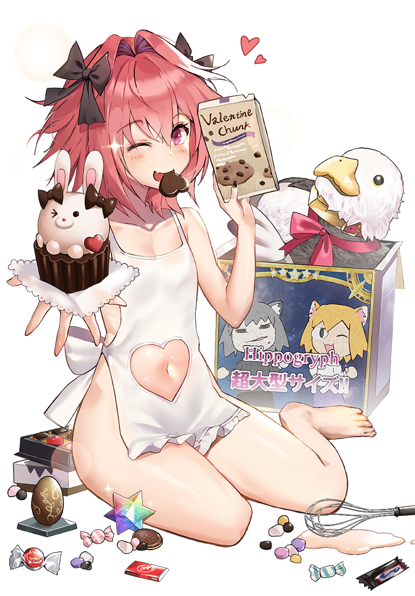 1boy apron astolfo_(fate) bad_id bad_pixiv_id bare_shoulders barefoot black_bow blonde_hair blush bow box braid candy candy_bar chocolate chocolate_heart clothing_cutout collarbone cookie fang fate/apocrypha fate/grand_order fate_(series) food gift gift_box hair_between_eyes hair_intakes heart heart_cutout highres hippogriff_(fate) legs long_braid long_hair looking_at_viewer male_focus melty_blood mouth_hold multicolored_hair naked_apron navel navel_cutout neco-arc neco-arc_chaos one_eye_closed open_mouth outstretched_arm pink_hair purple_eyes red_eyes religious_offering saint_quartz_(fate) short_hair simple_background single_braid sitting skin_fang smile solo sparkle streaked_hair stuffed_animal stuffed_toy suou-sensei thighs trap tsukihime two-tone_hair valentine whisk white_background